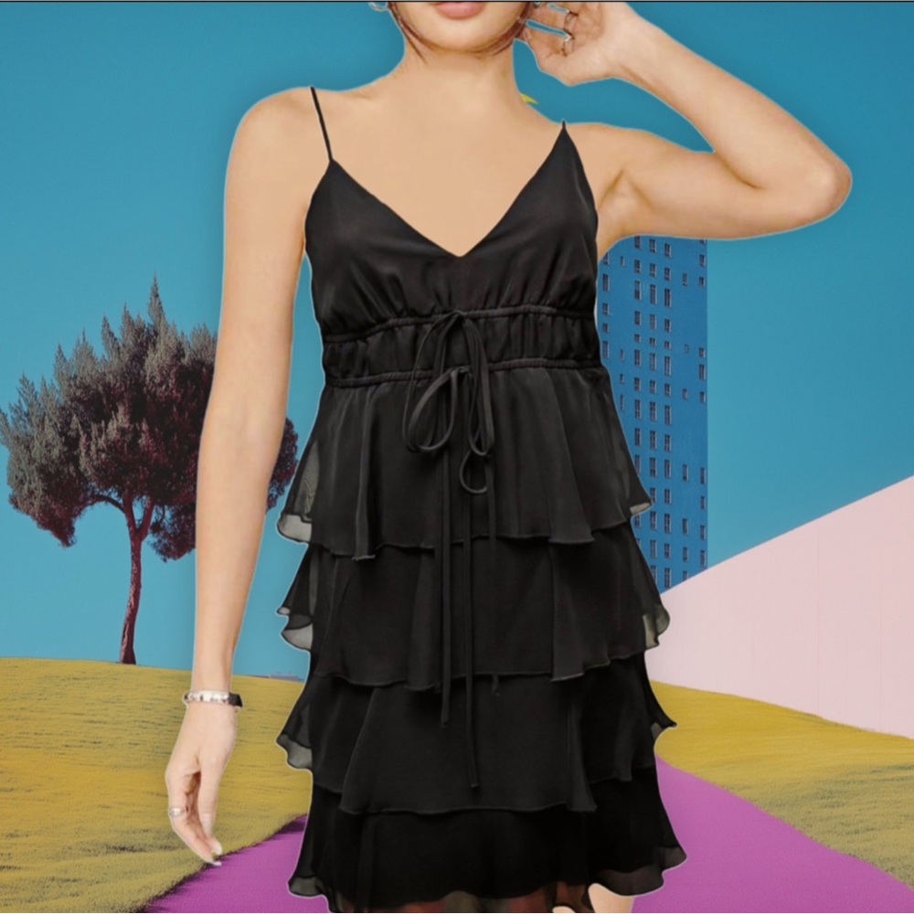 Johnny Martin Black Ruffled Tiered Adjustable Strap V-Neck Party Mini Dress Sz 1